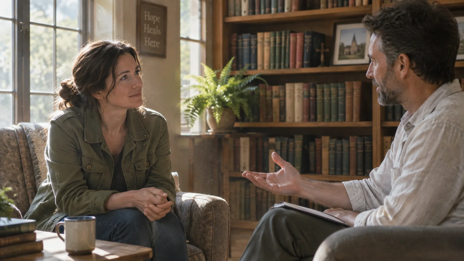 A woman sitting in an armchair listens to a counselor speaking in a cozy study lined with full bookshelves.