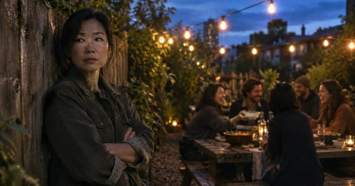 A woman stands with crossed arms by a wooden fence while people laugh and dine at a backyard patio table.