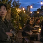 A woman stands with crossed arms by a wooden fence while people laugh and dine at a backyard patio table.