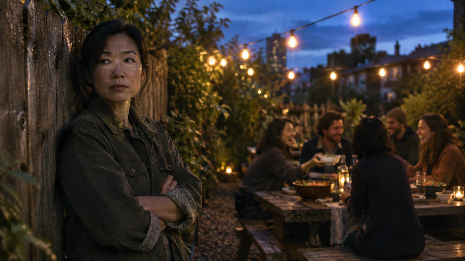 A woman stands with crossed arms by a wooden fence while people laugh and dine at a backyard patio table.