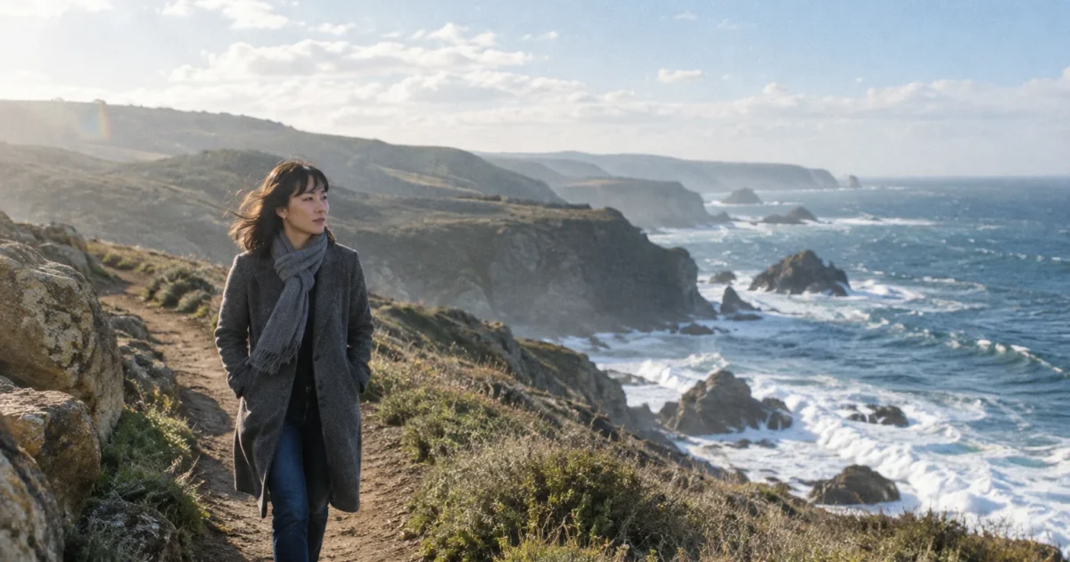 A woman in a grey coat and scarf walks along a sunny coastal cliff path overlooking crashing ocean waves.