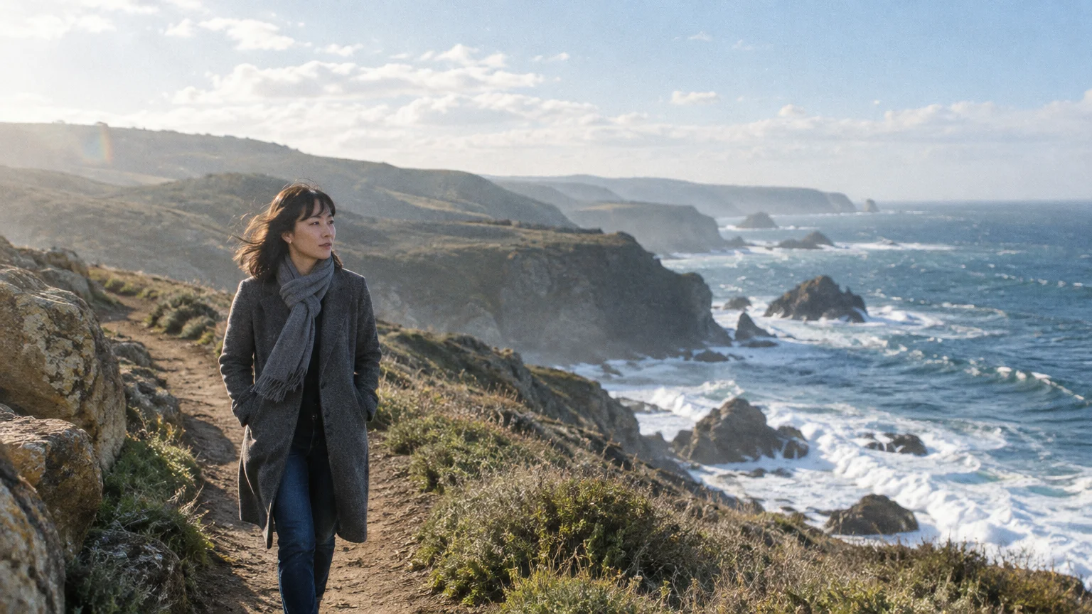 A woman in a grey coat and scarf walks along a sunny coastal cliff path overlooking crashing ocean waves.