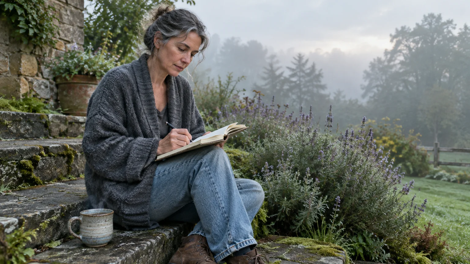 A woman sits on stone outdoor steps with a steaming mug, writing in an open journal beside garden greenery.