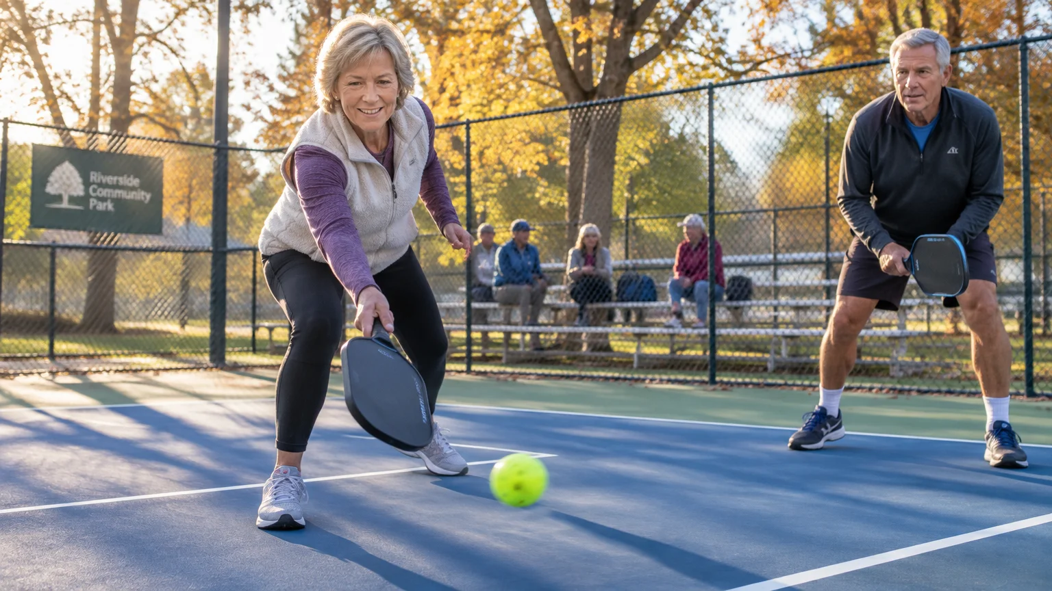 An older man and woman playing doubles pickleball on an outdoor blue court with spectators on benches behind them.