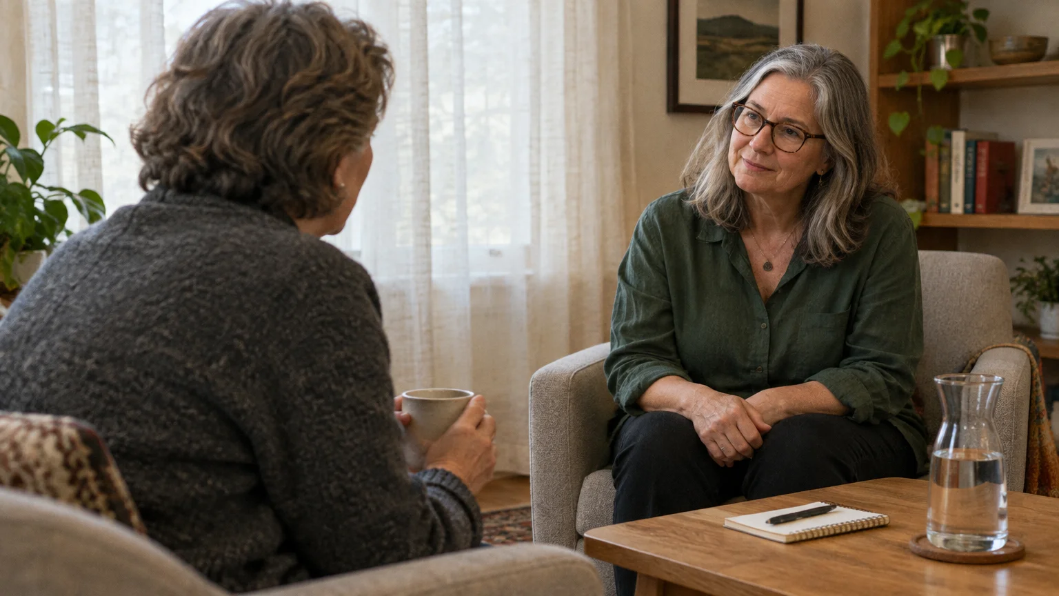 A woman with gray hair and glasses sits in an armchair listening attentively to another person holding a mug.