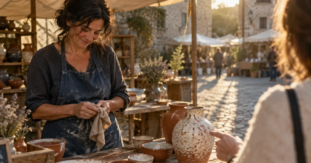 A smiling potter in an apron wipes her hands at an outdoor market stall as a customer points to ceramic vases.