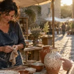A smiling potter in an apron wipes her hands at an outdoor market stall as a customer points to ceramic vases.