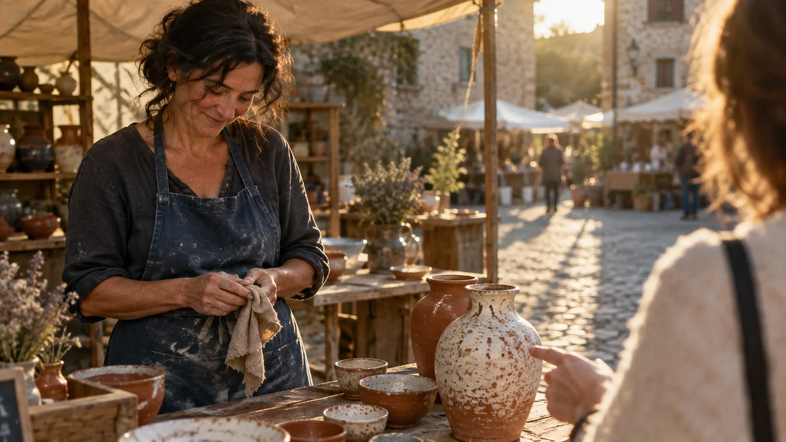 A smiling potter in an apron wipes her hands at an outdoor market stall as a customer points to ceramic vases.