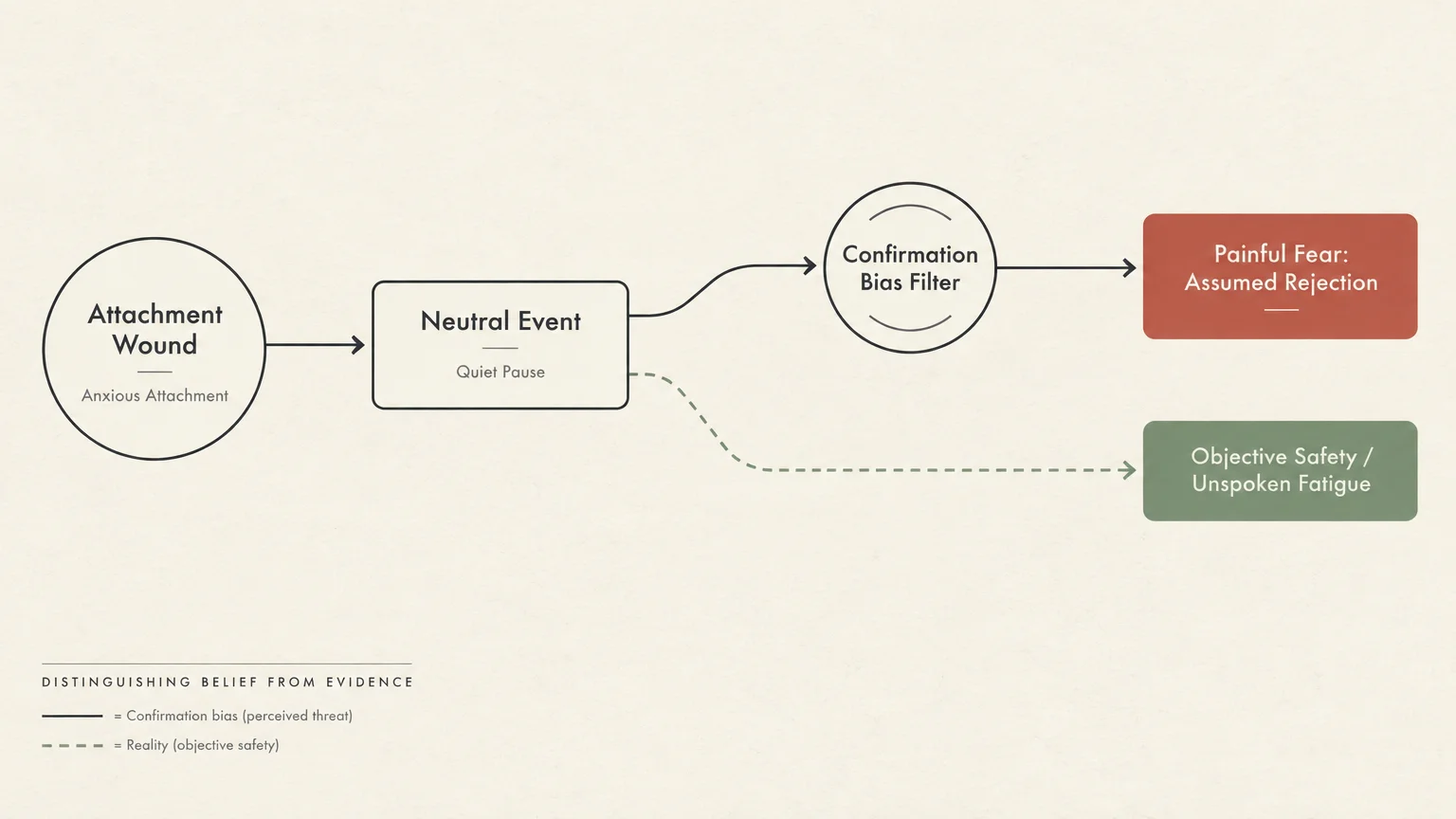 Flowchart tracing an attachment wound through a neutral event to confirmation bias rejection or objective safety.