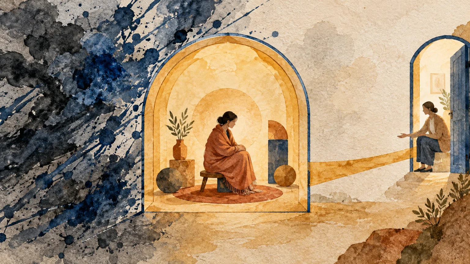Watercolor illustration of a seated woman inside an archway looking toward someone reaching out from an open doorway.