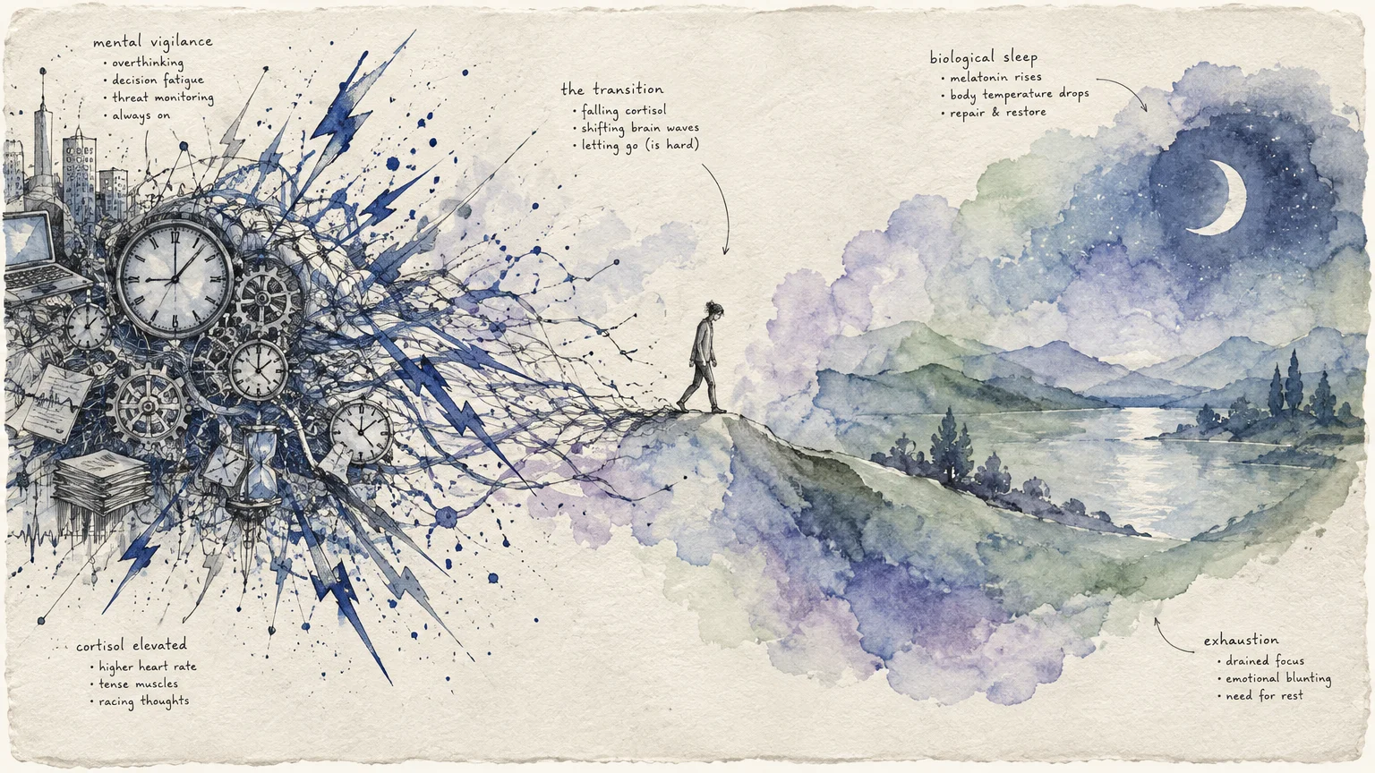 Watercolor of a person walking from chaotic ink gears and clocks toward a peaceful moonlit lake landscape.