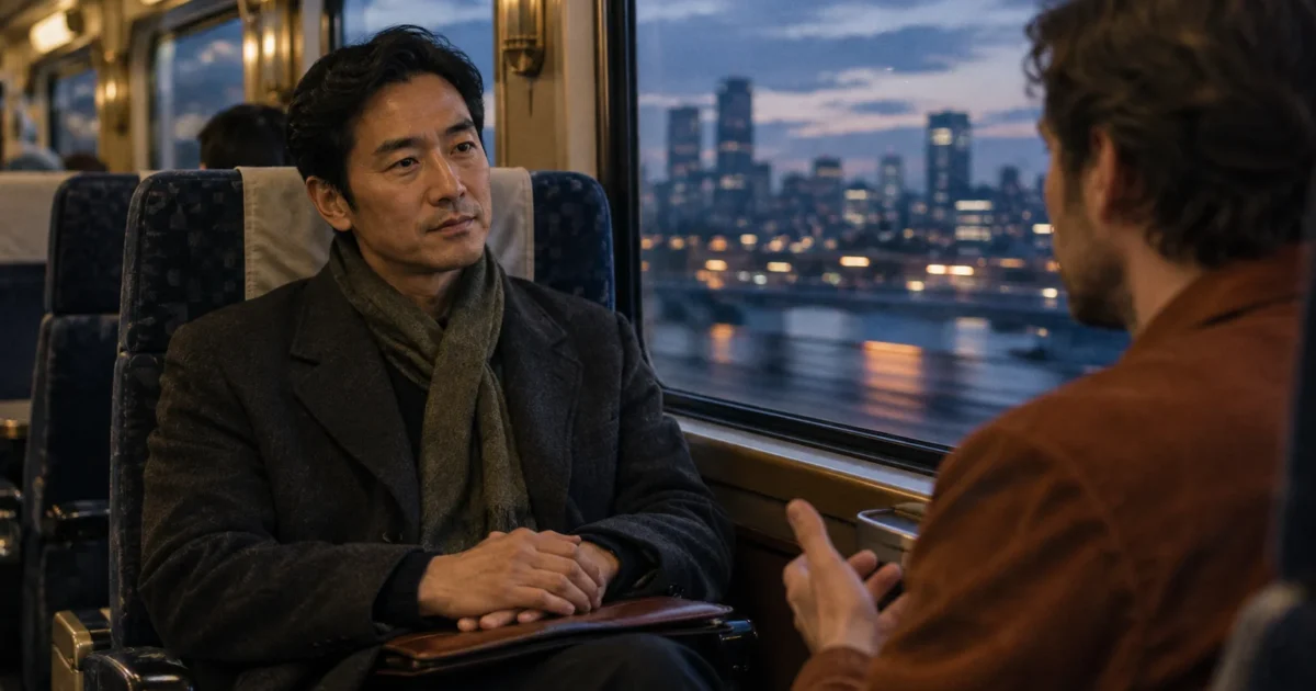 Two men sit facing each other on an evening train by a window overlooking a city skyline.