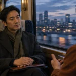 Two men sit facing each other on an evening train by a window overlooking a city skyline.