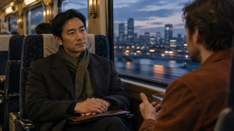 Two men sit facing each other on an evening train by a window overlooking a city skyline.