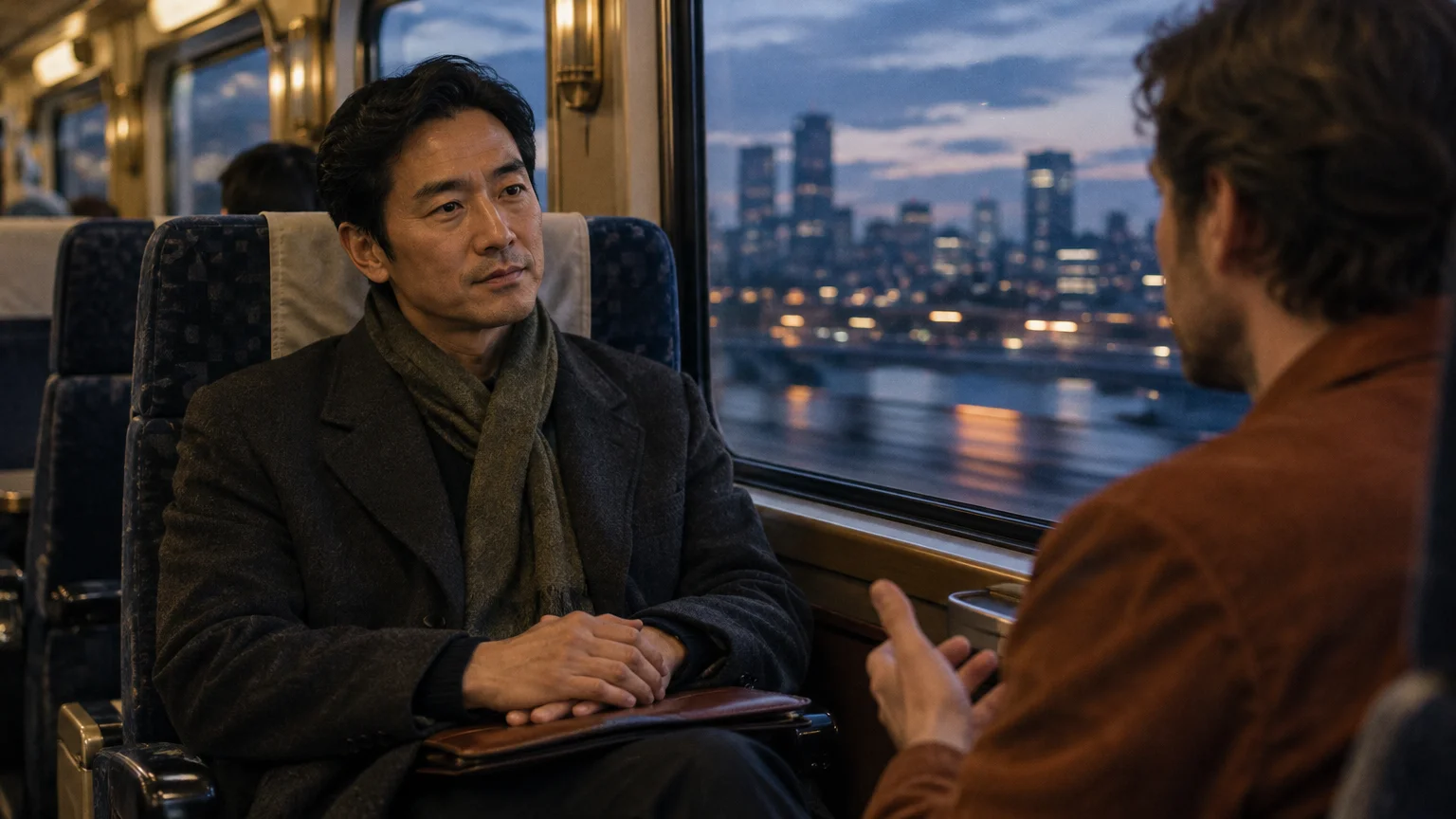 Two men sit facing each other on an evening train by a window overlooking a city skyline.