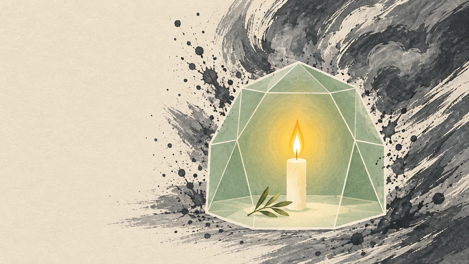 A lit candle and leaf protected inside a geometric glass terrarium, shielded from surrounding dark ink splatters.