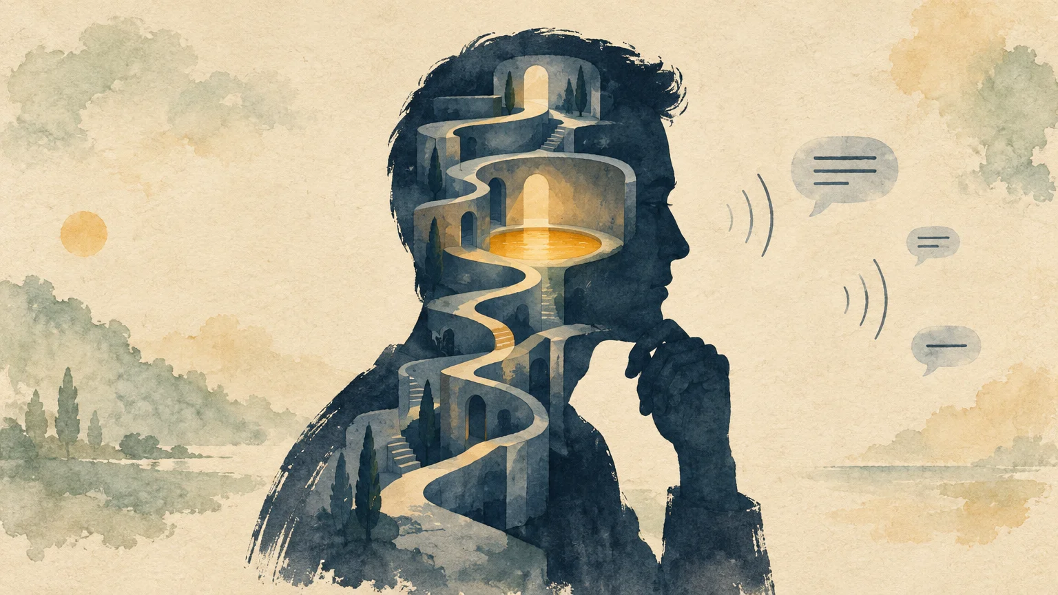 Silhouette of a pensive man revealing an internal labyrinth of winding stone staircases and glowing archways.