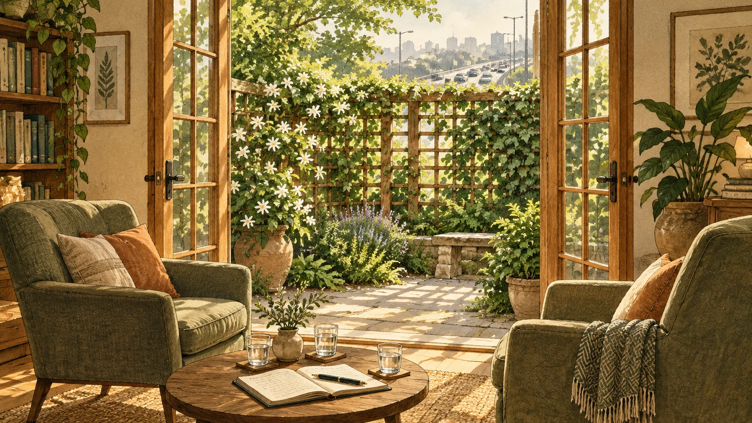 Illustration of a cozy sitting room with armchairs opening onto a sunlit patio garden bordered by ivy-covered trellises.