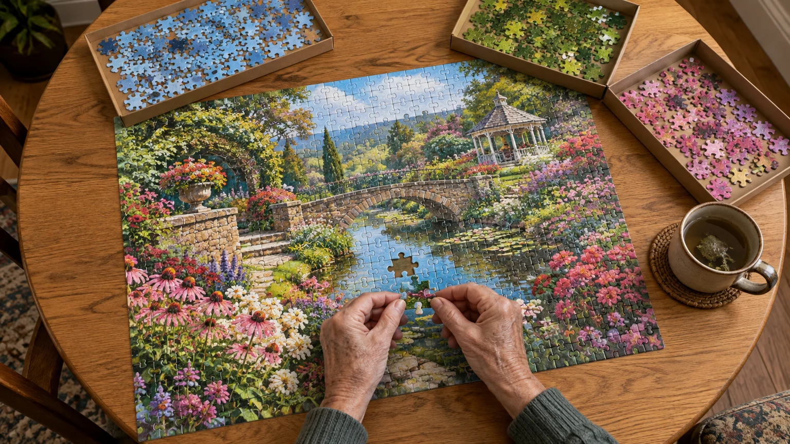 Hands placing the final piece into a colorful jigsaw puzzle of a garden bridge, with sorted pieces in trays nearby.