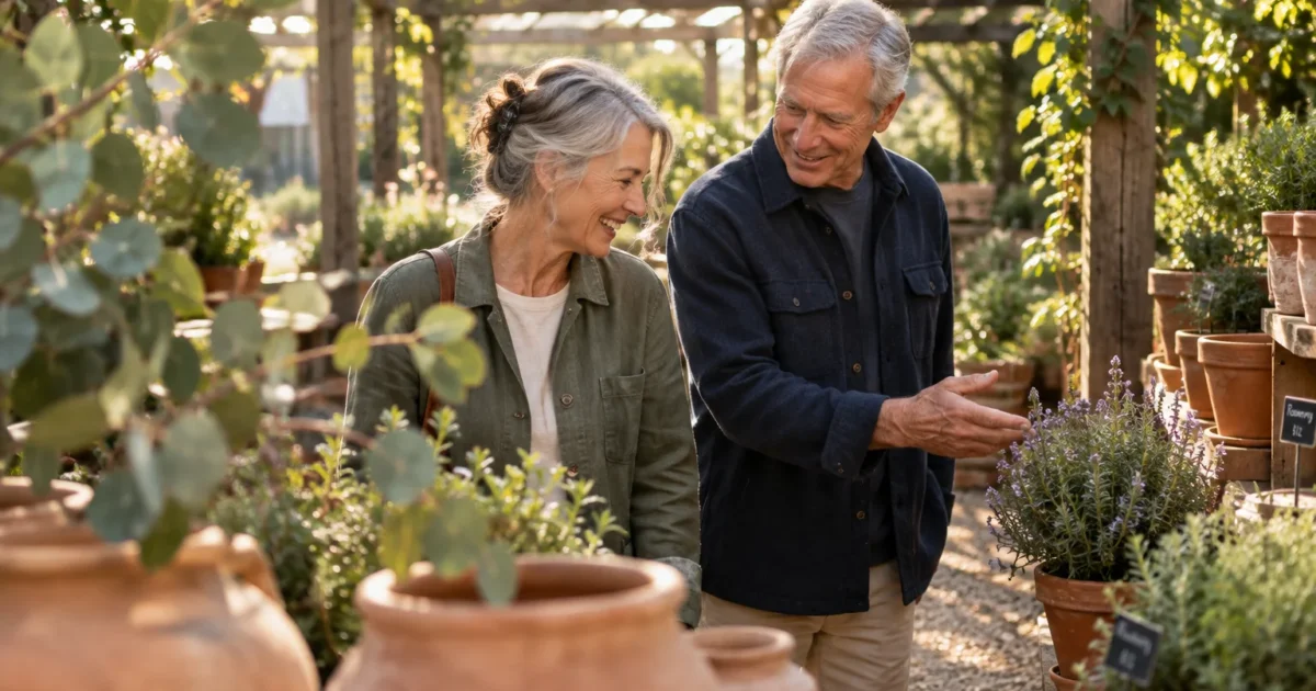 Older man and woman smiling together while browsing potted lavender plants at an outdoor garden nursery.