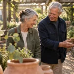Older man and woman smiling together while browsing potted lavender plants at an outdoor garden nursery.