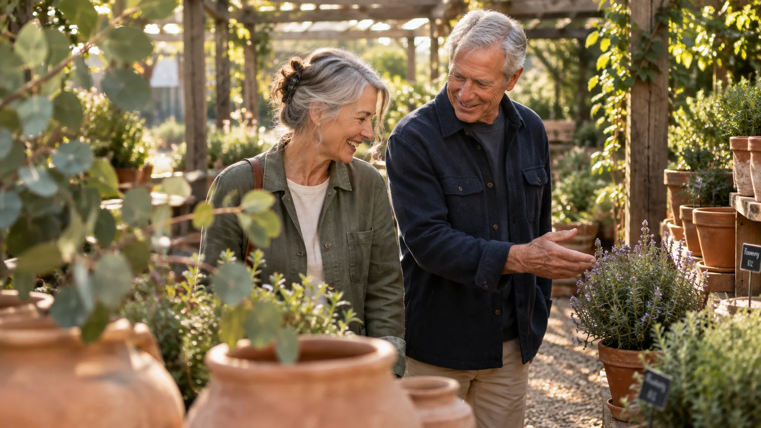 Older man and woman smiling together while browsing potted lavender plants at an outdoor garden nursery.