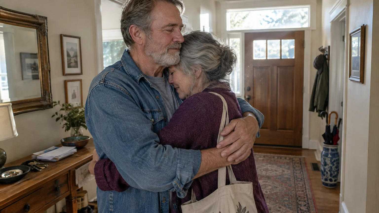 A senior man with a beard warmly embraces a woman in a purple sweater in the entryway of a home.