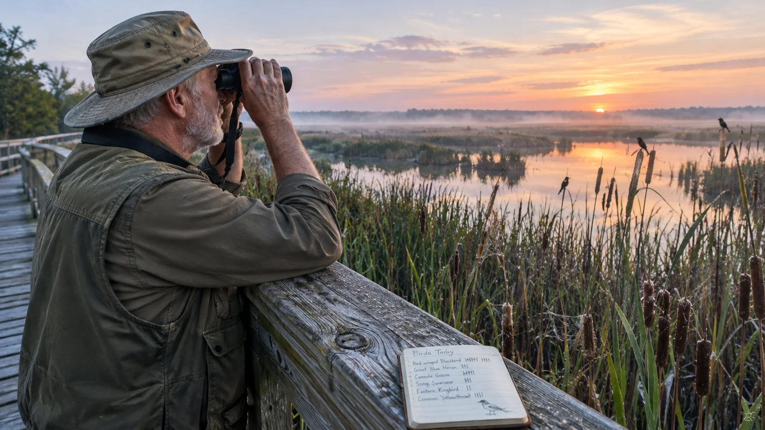 A man with binoculars looks across a wetland at sunrise beside a bird tally notebook resting on a wooden railing.
