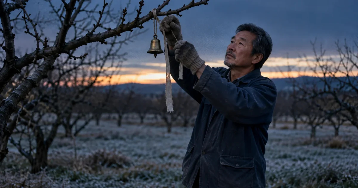 An older man wearing warm gloves hangs a small brass bell on a bare tree branch in a frosty orchard at dawn.