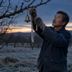 An older man wearing warm gloves hangs a small brass bell on a bare tree branch in a frosty orchard at dawn.