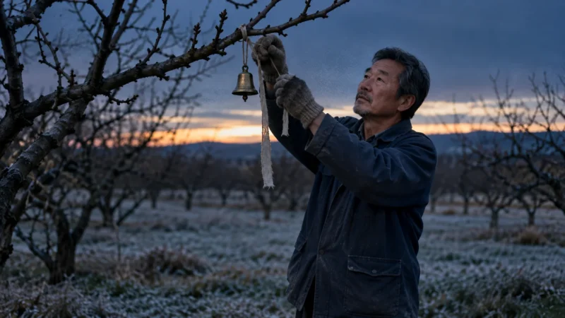 An older man wearing warm gloves hangs a small brass bell on a bare tree branch in a frosty orchard at dawn.