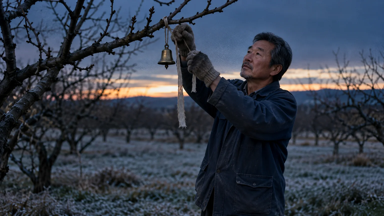 An older man wearing warm gloves hangs a small brass bell on a bare tree branch in a frosty orchard at dawn.