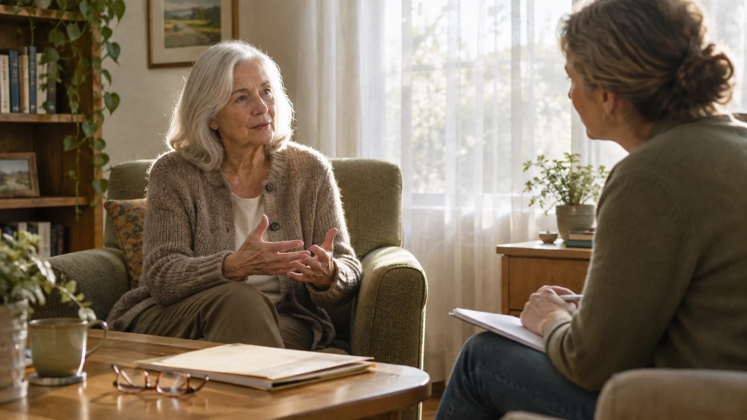 Senior woman gesturing while speaking with a counselor holding a notebook in a living room.