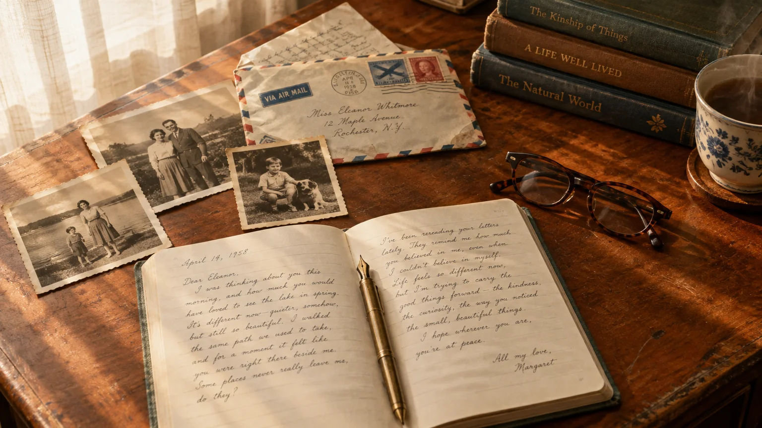Open handwritten journal with a pen, vintage black-and-white family photos, eyeglasses, and airmail letters on a wooden desk.
