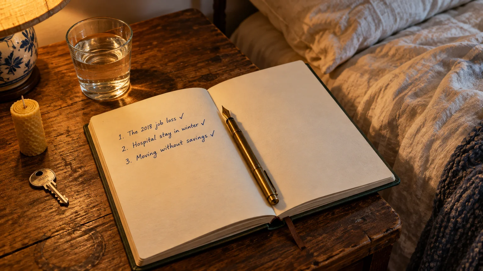 Open journal on a nightstand with a fountain pen and a handwritten list of three past hardships with checkmarks.