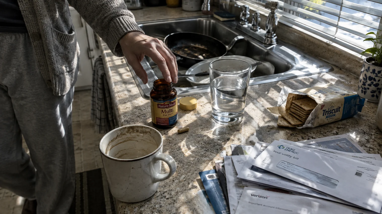 Hand reaching for a vitamin bottle on a cluttered kitchen counter with dirty dishes, bills, crackers, and a mug.