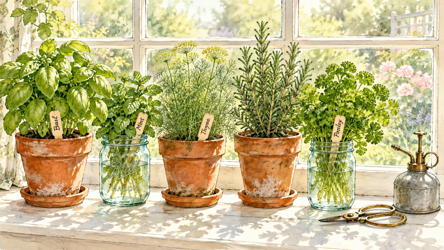 Watercolor of potted herbs and glass jars lined along a sunny windowsill beside gardening shears and a mister.