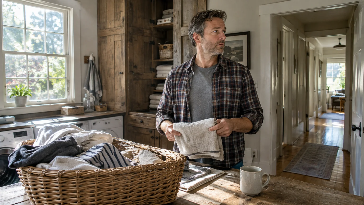 A man in a plaid shirt pauses thoughtfully while folding laundry from a wicker basket in a rustic utility room.