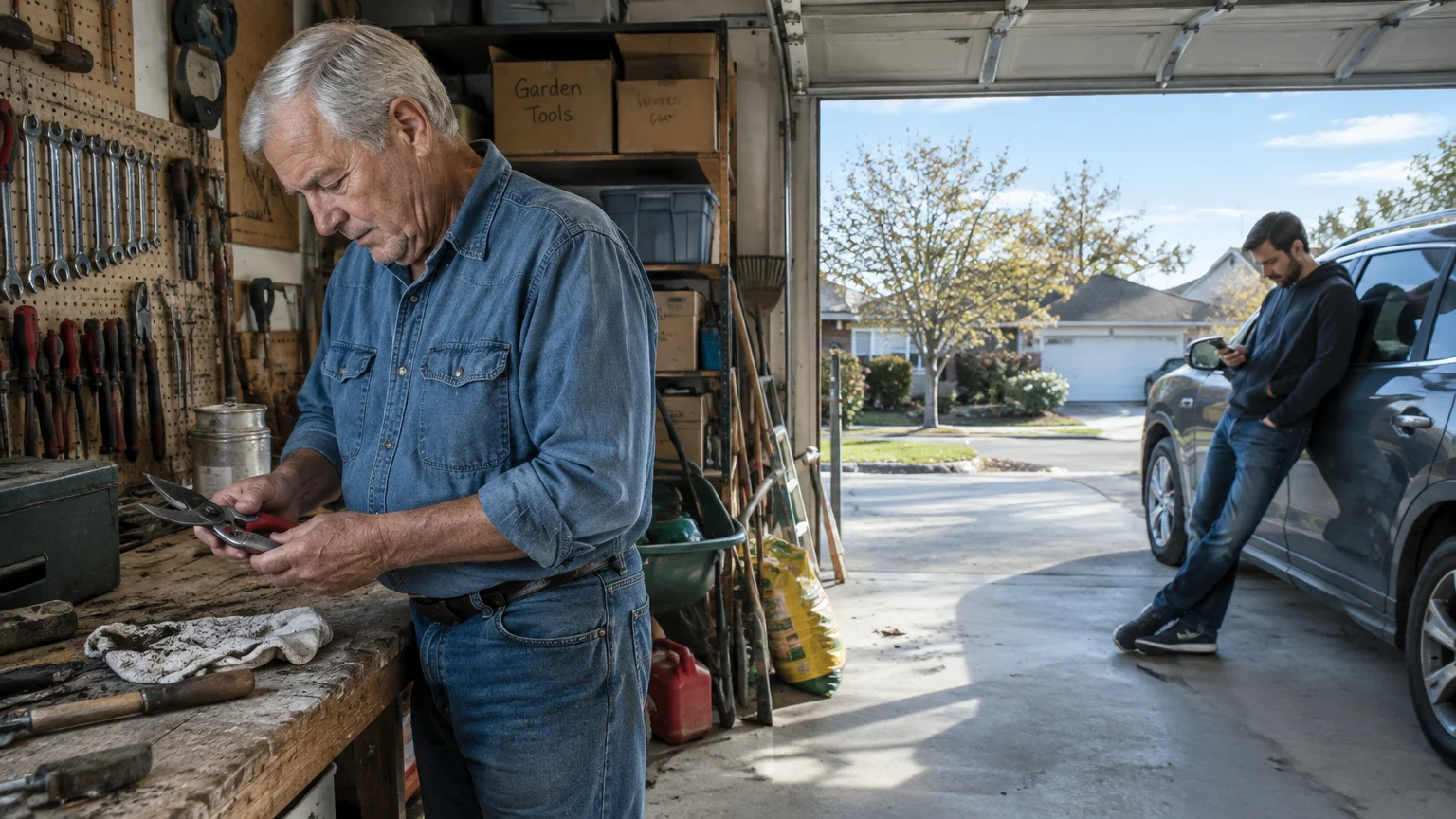 An older man works at a garage workbench while a younger man leans against a car outside looking at a smartphone.