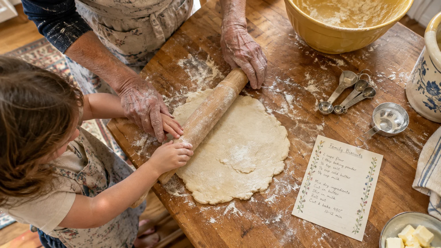Grandmother and child rolling dough on a flour-dusted table next to a handwritten recipe card for family biscuits.