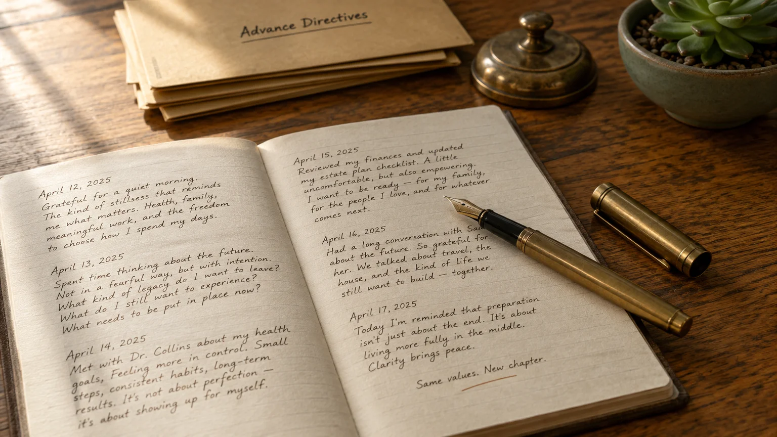 Open handwritten journal with a brass fountain pen on a wooden desk near advance directives envelopes and a succulent.