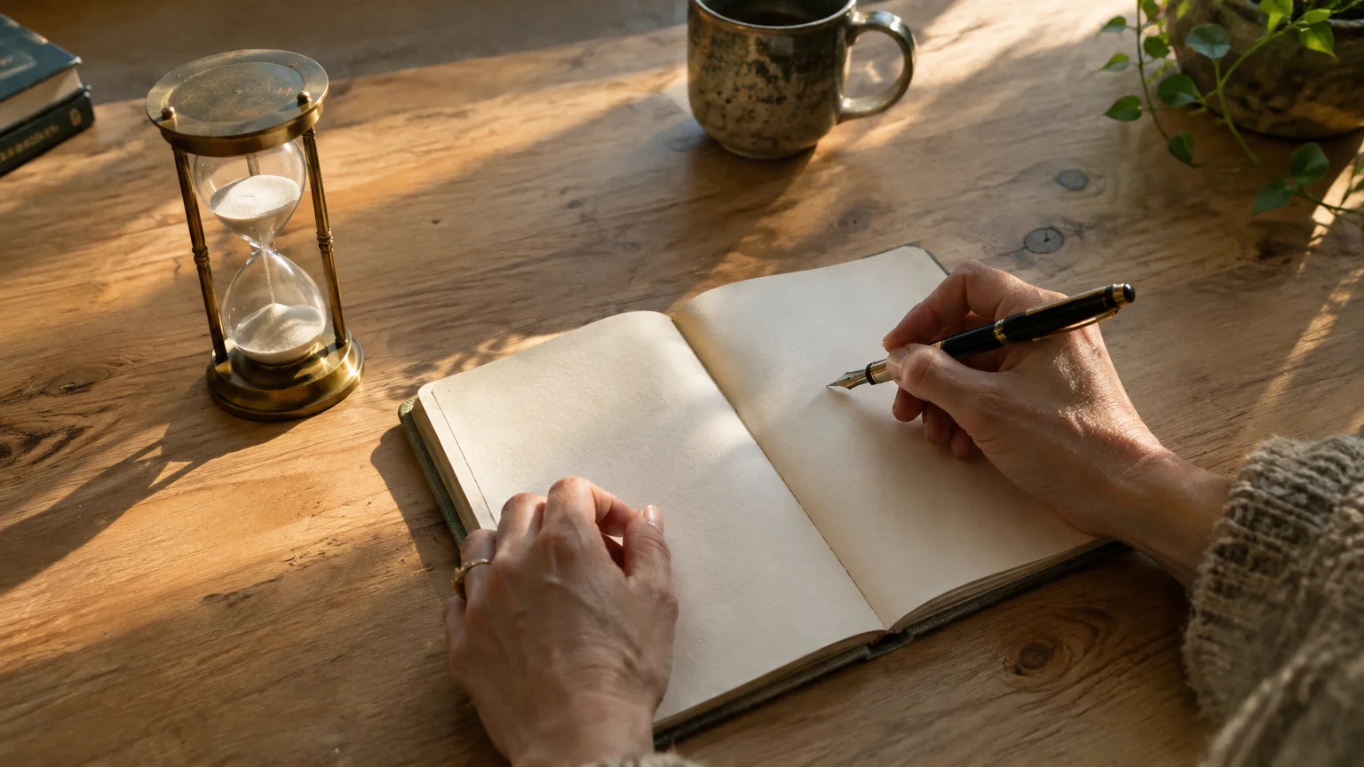 Hands holding a fountain pen over a blank notebook on a wooden desk beside an hourglass and ceramic mug.