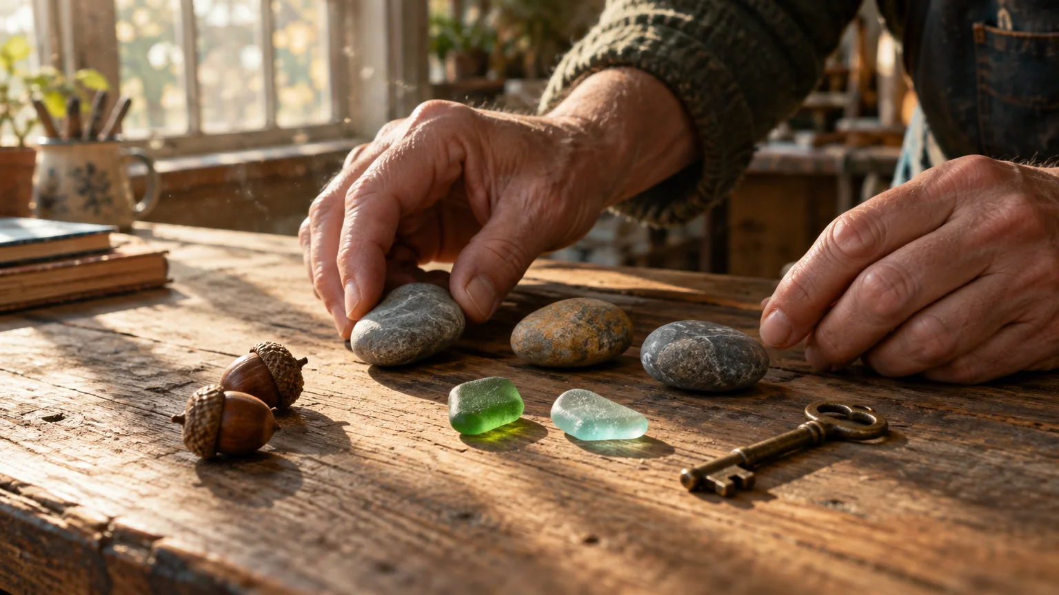 A person's hands arranging smooth stones, sea glass, acorns, and an antique key on a rustic wooden table in sunlight.