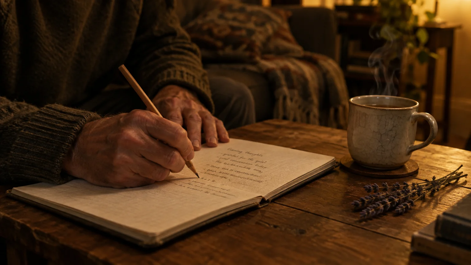 Close-up of hands writing in a journal with a pencil on a wooden table beside a steaming mug and lavender.