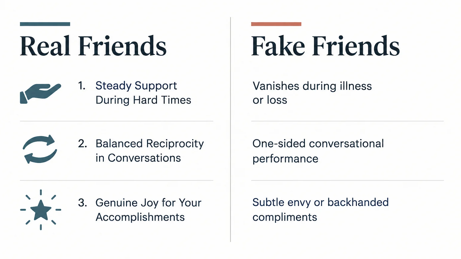 Side-by-side comparison chart contrasting traits of real friends with fake friends across three key behaviors.