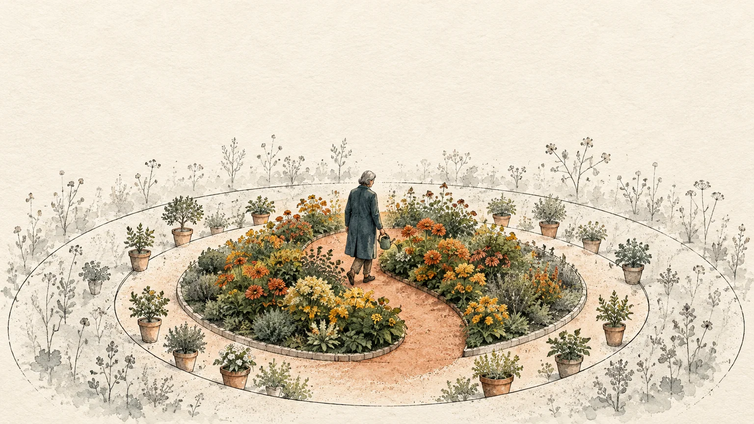 Illustration of a person watering flowers within a circular garden surrounded by potted plants and sketched wild flora.