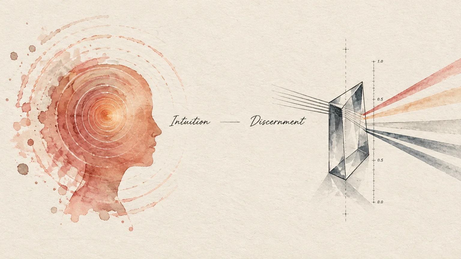 Watercolor profile of a head with concentric rings beside a prism refracting light beams into separate colors.