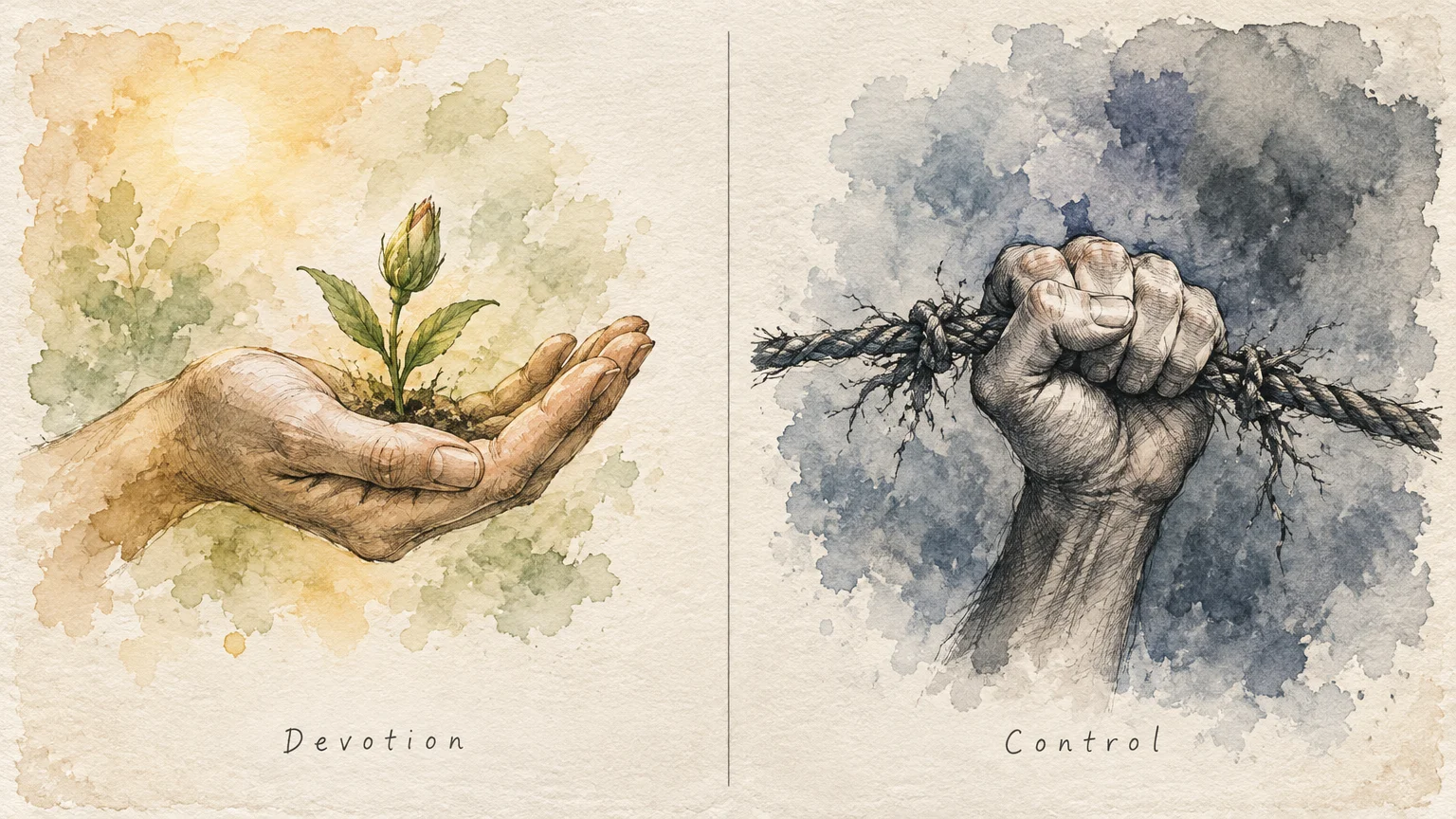 Split illustration labeled Devotion with an open hand holding a sprout, and Control with a fist gripping a fraying rope.