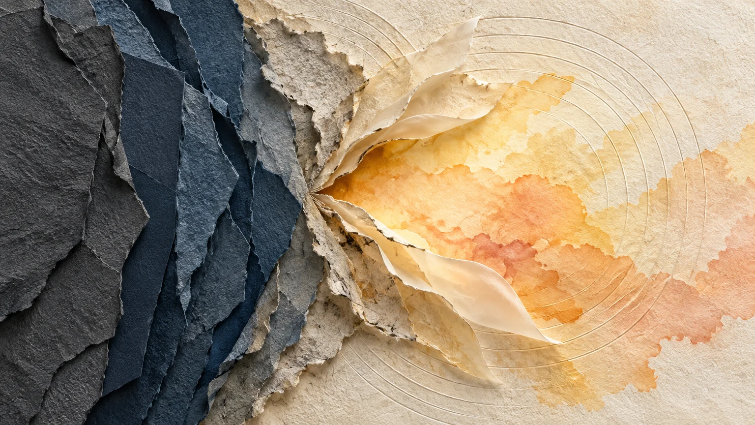 Layered torn paper transitioning from dark slate blue to warm beige with concentric circles and orange watercolor.