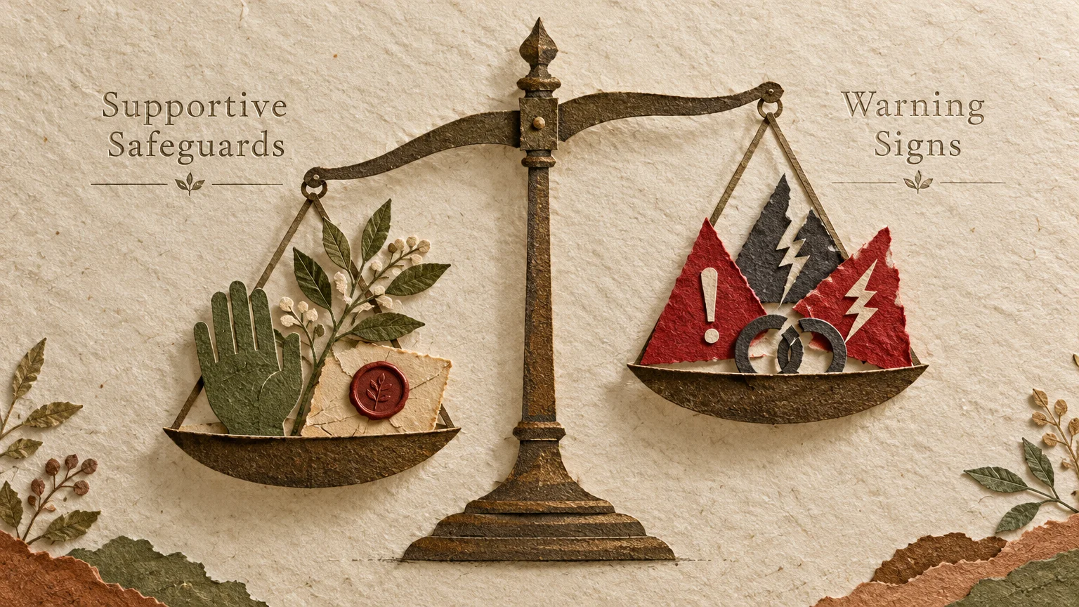 Paper collage of a balance scale weighing supportive safeguards against warning signs on textured paper.